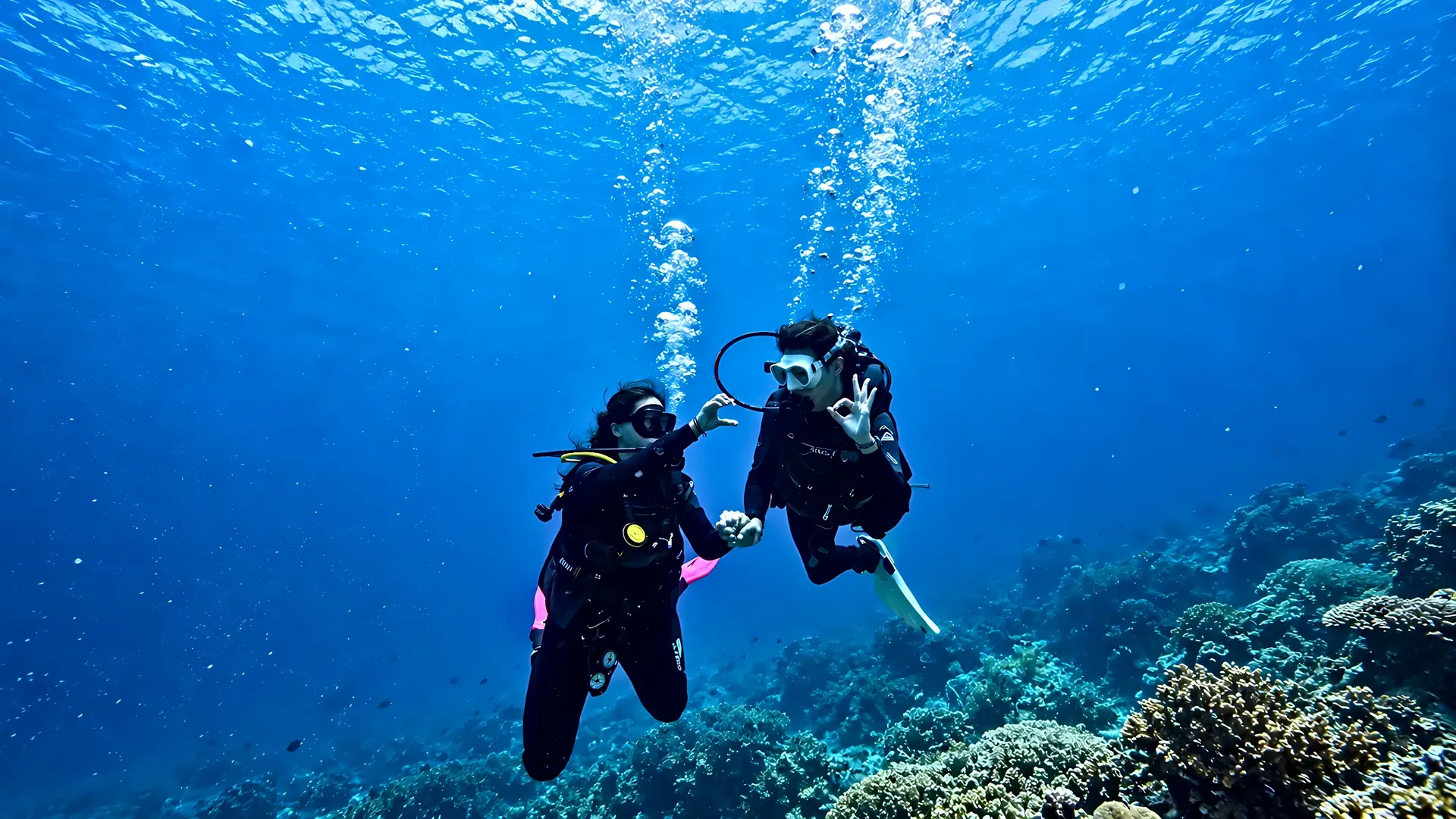 Two divers checking in with the OK sign above a Karimunjawa reef