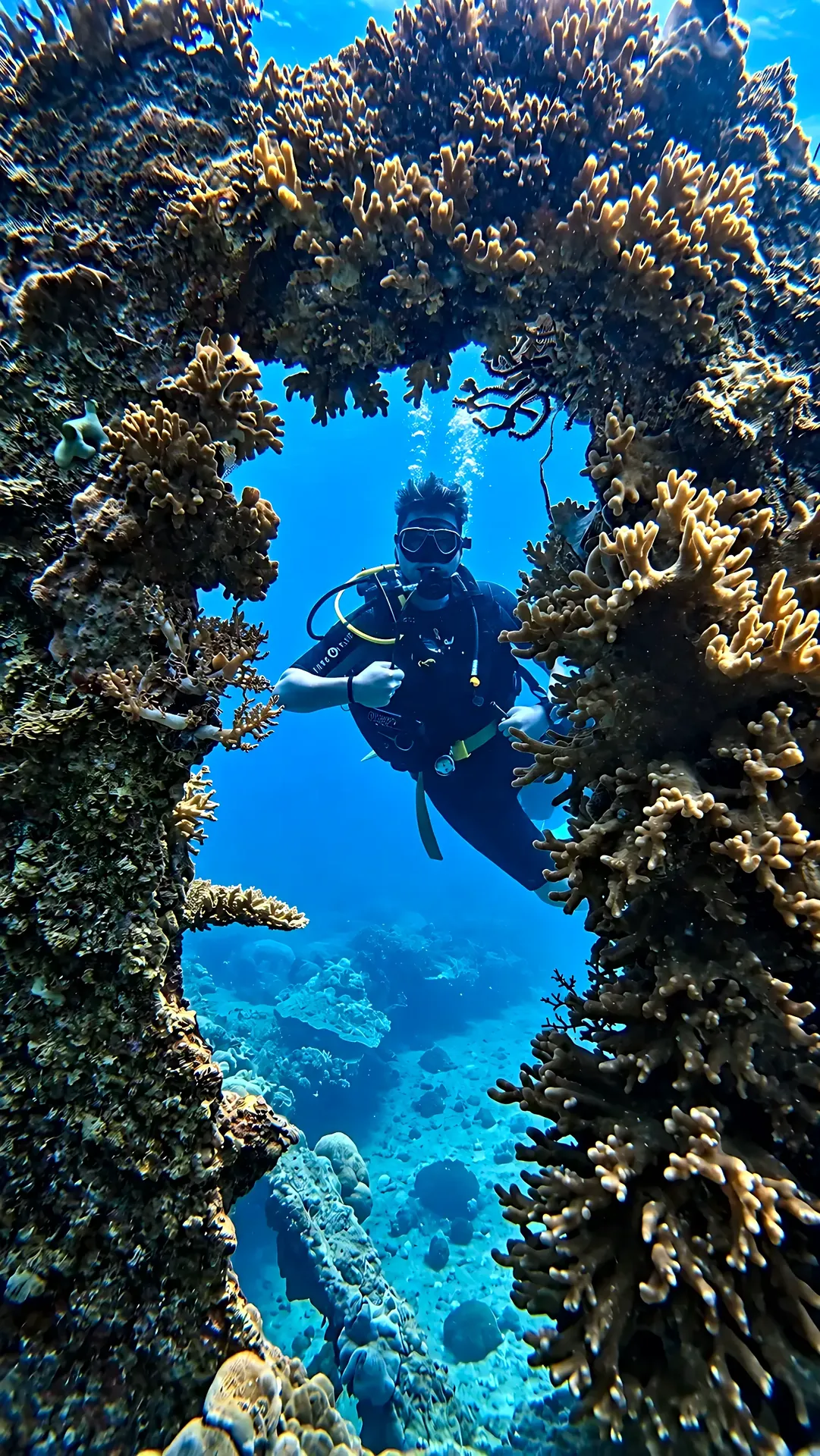 Diver framed by a coral-covered arch
