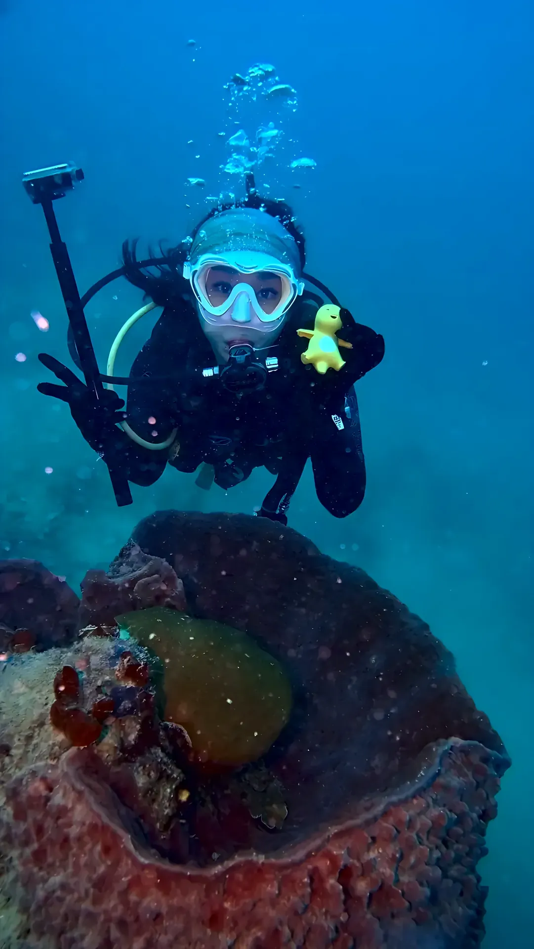 Diver with a camera pole above a giant barrel sponge