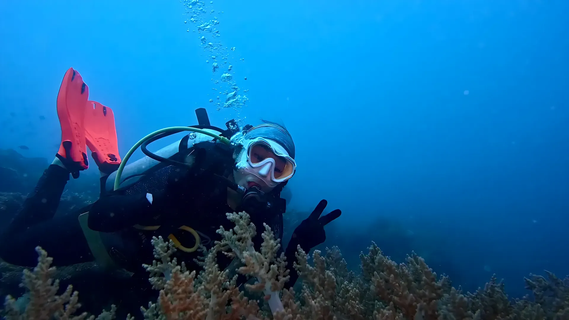 Diver posing with soft corals and a pink fin