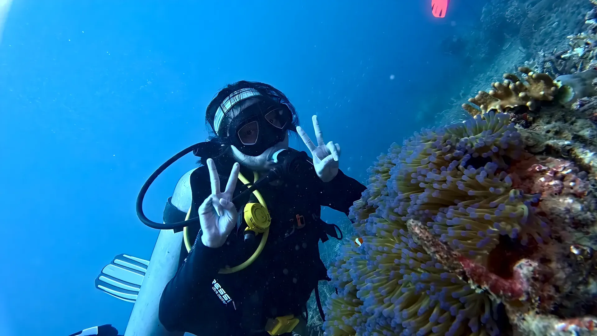 Diver making peace signs beside an anemone