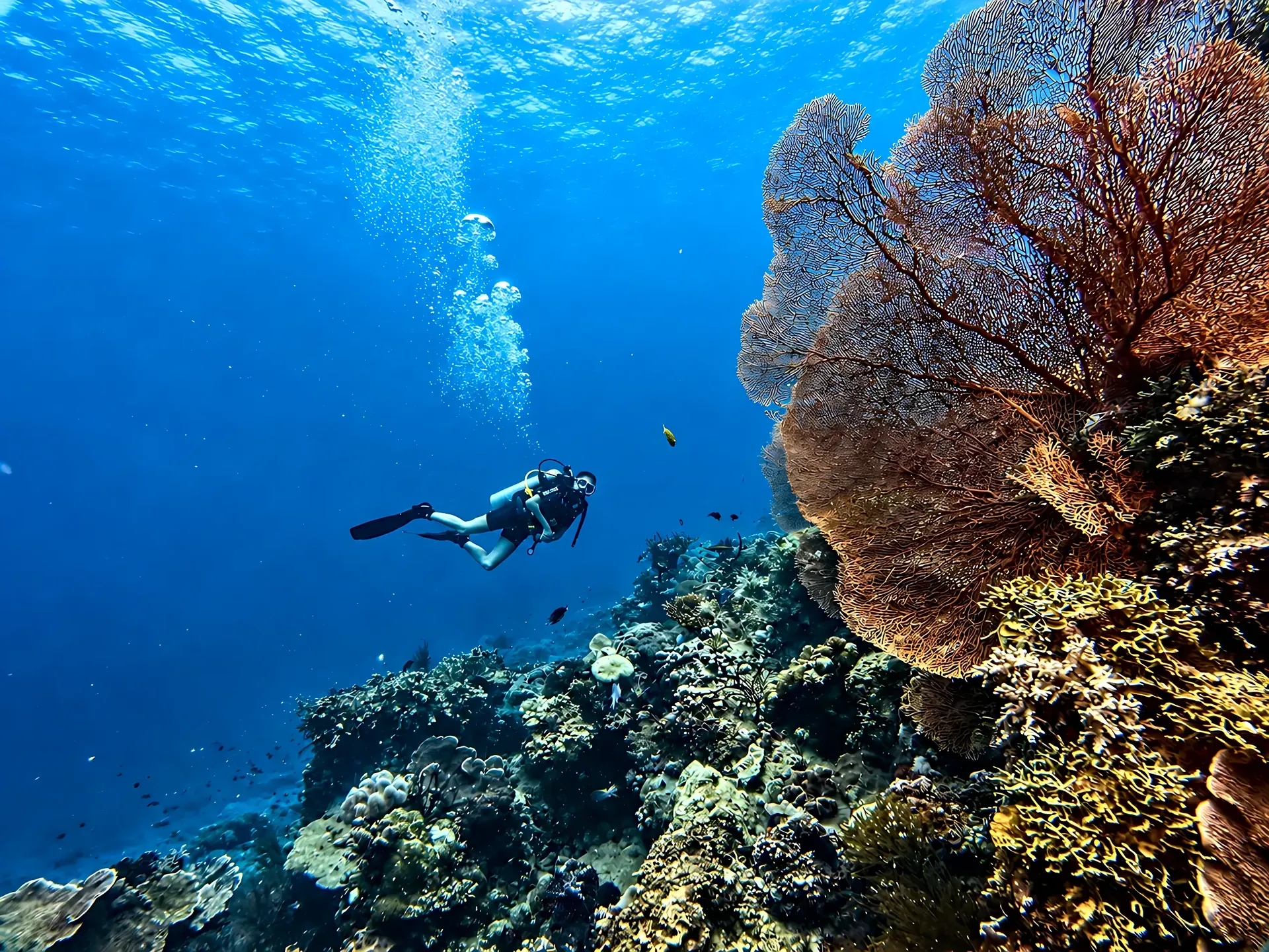 Diver swimming beside a large sea fan