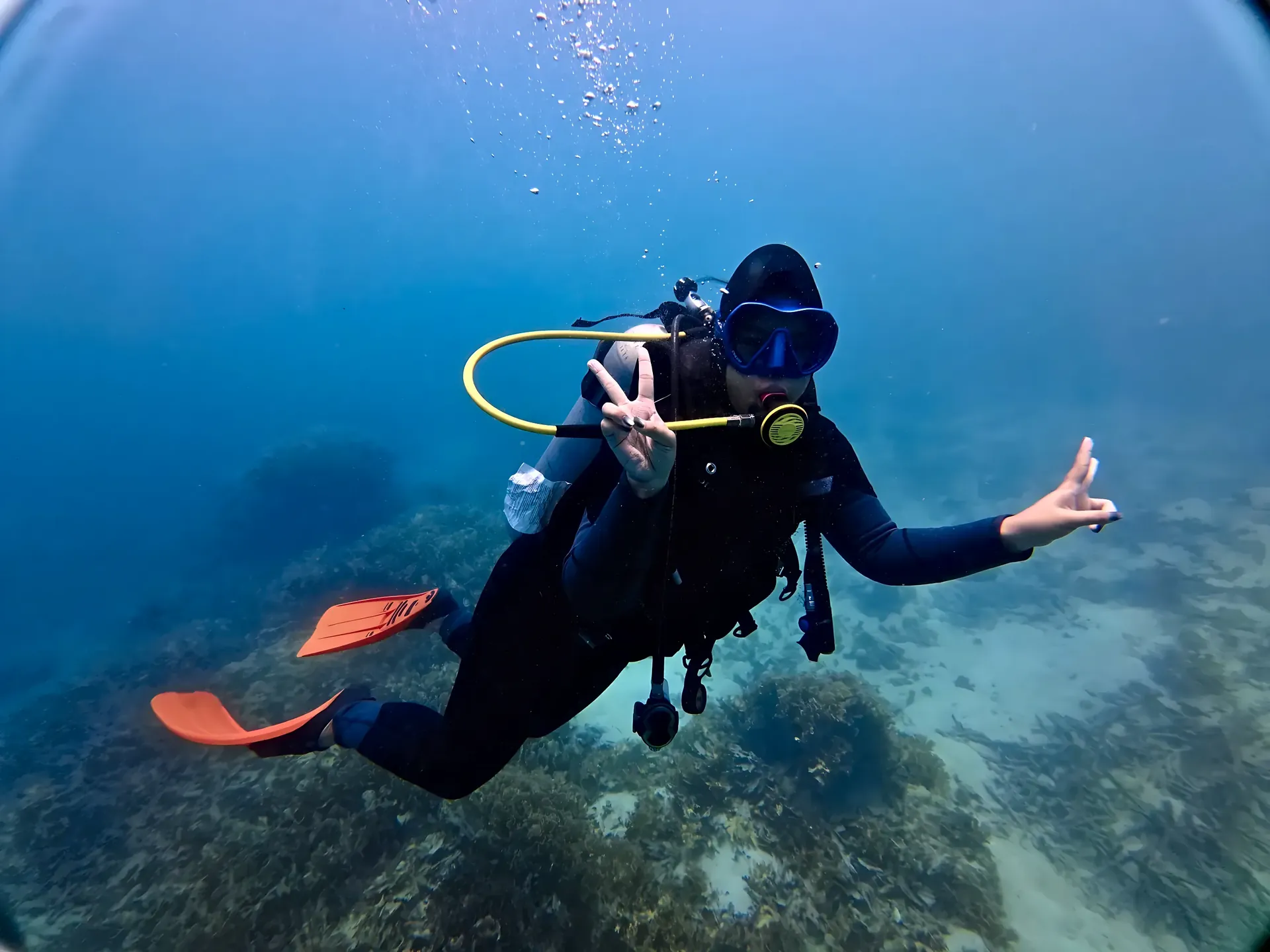 Diver with orange fins making a peace sign over the reef