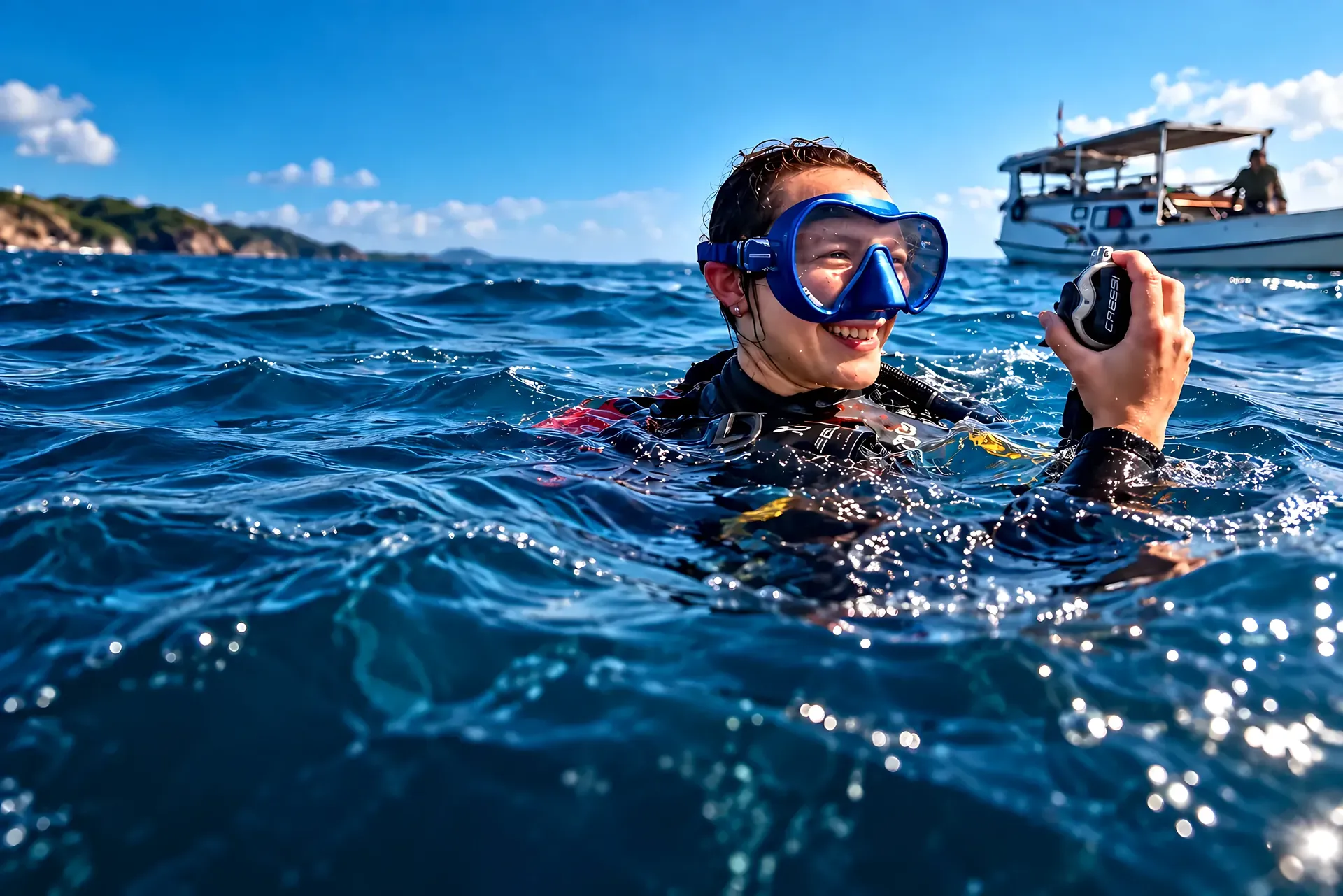 Nicoleta smiling at the surface in front of the dive boat