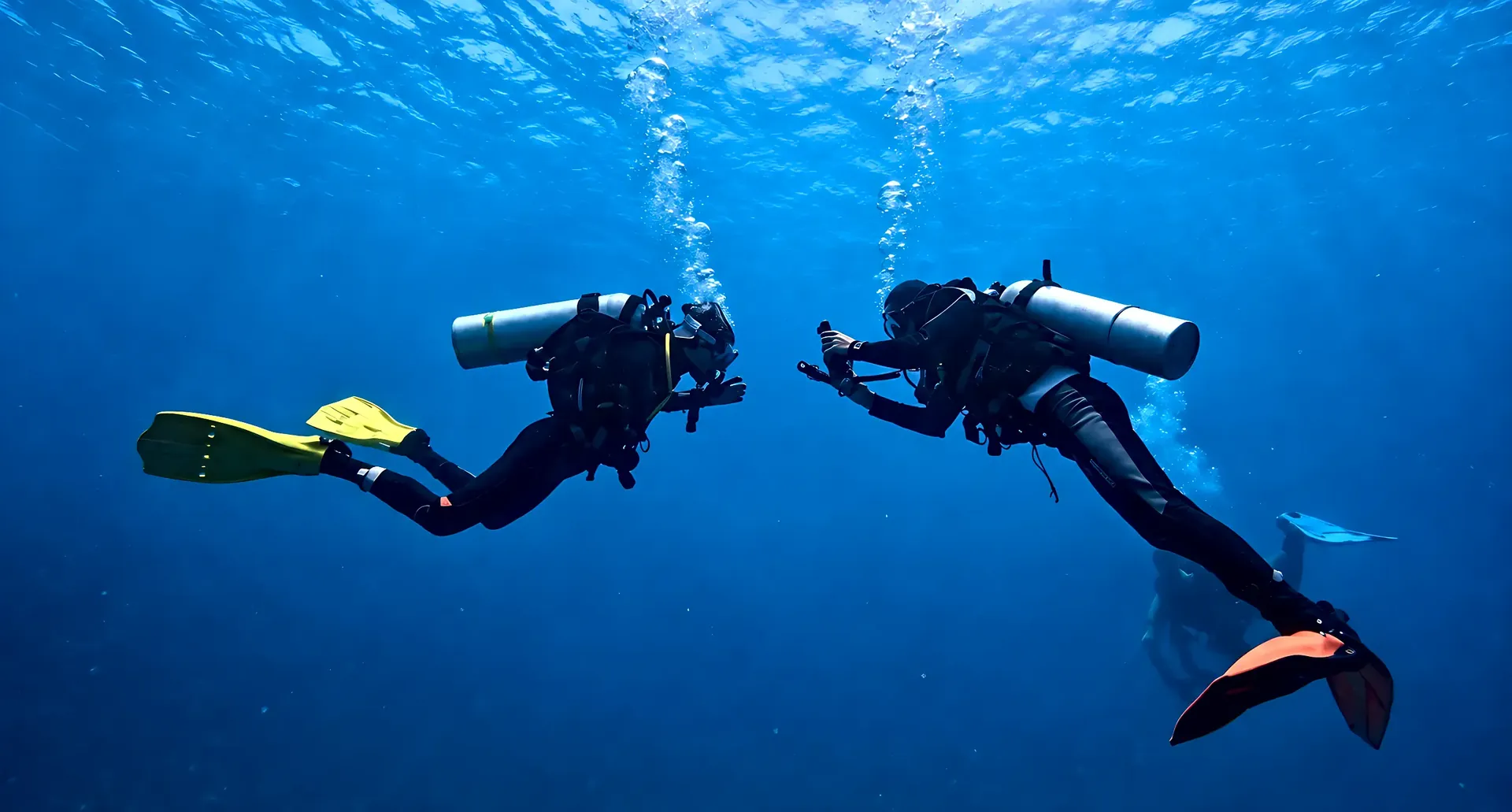 Nikki and Ferra diving together in open blue water