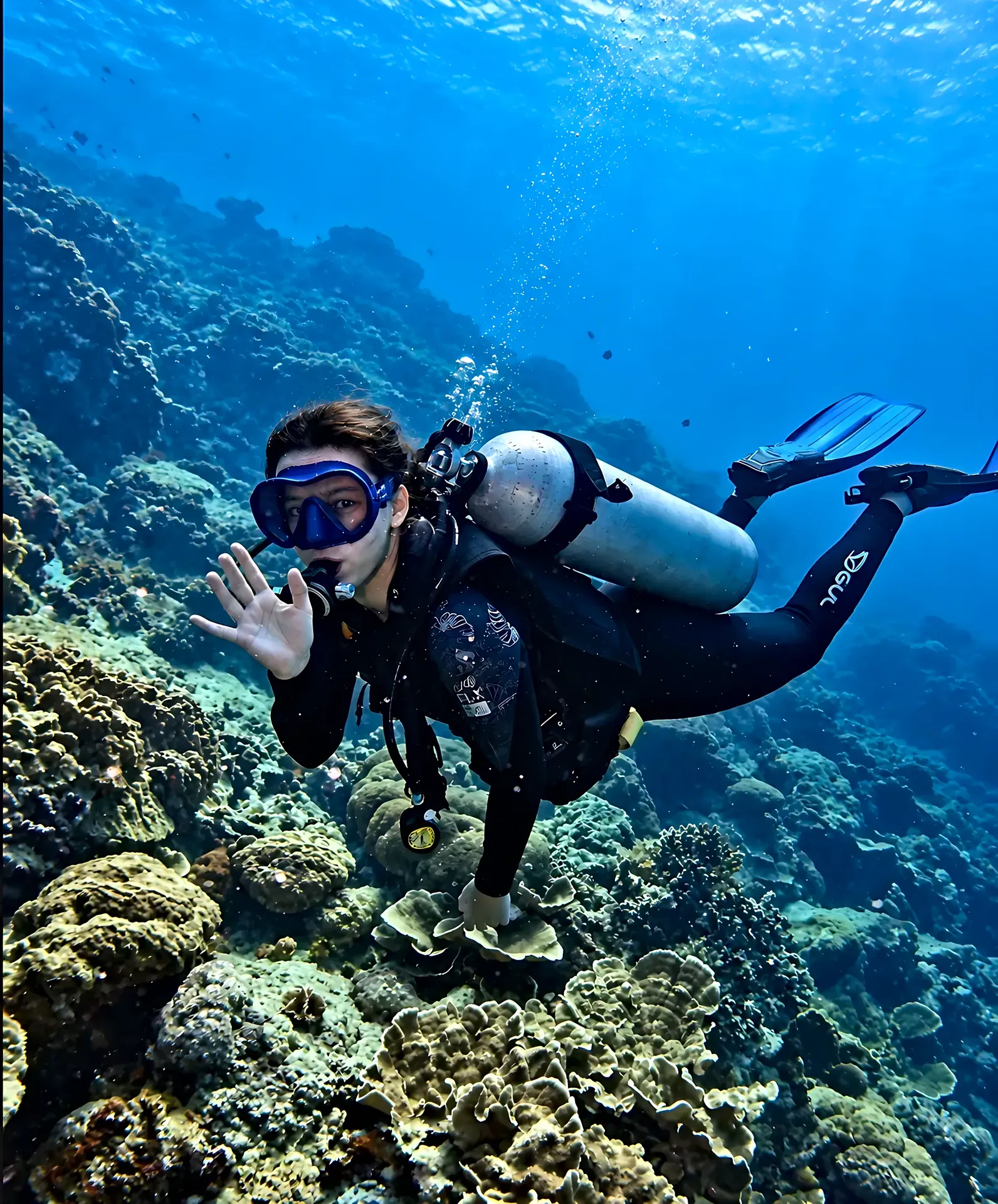 Diver waving to the camera above a coral reef